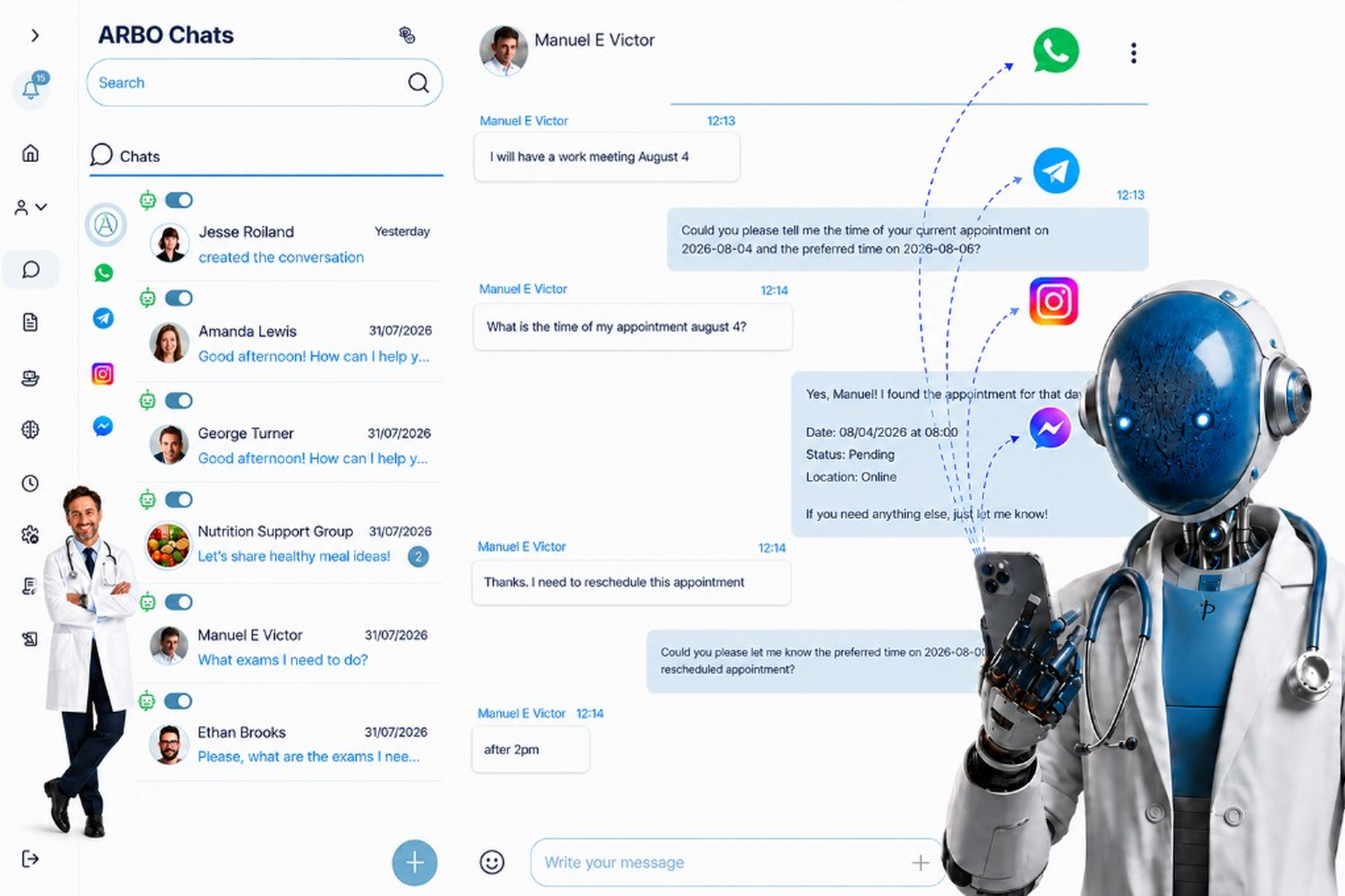 Conversas multicanal da ARBO com médico e agente de IA gerenciando atendimento e agendamentos