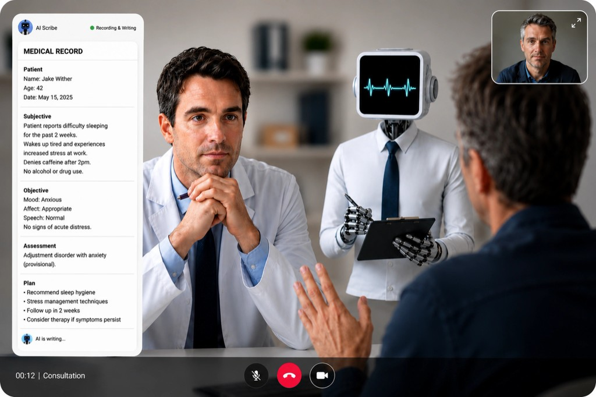 Teleconsulta com AI Scribe preenchendo o prontuário em tempo real enquanto o médico atende o paciente